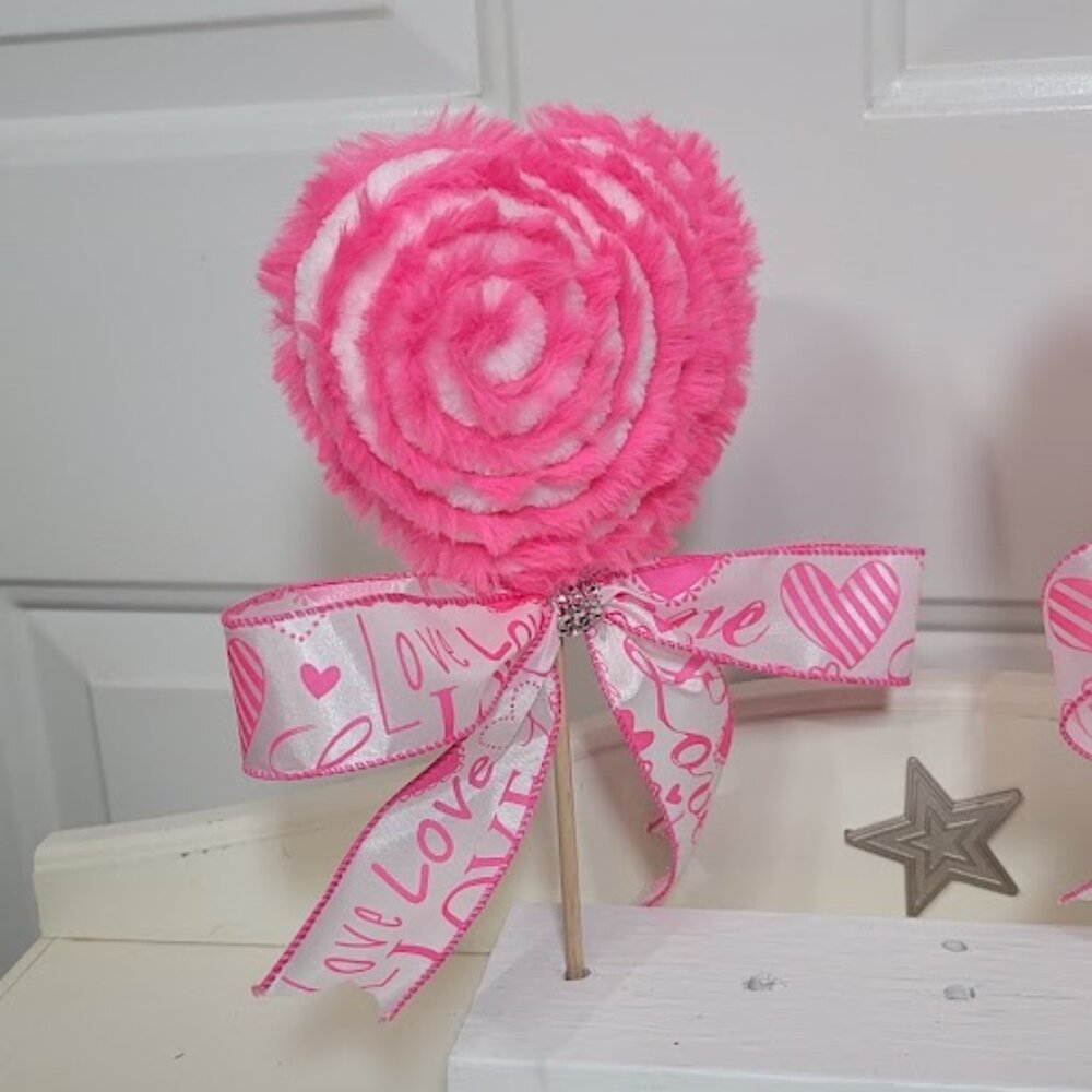 Velvety White Yarn & Pink Furry Yarn Heart Lollipop, Hand Crafted #2
